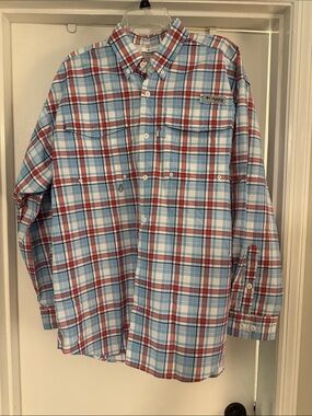 Columbia Men’s Plaid Button-Down Shirt - Light Blue/Red/White